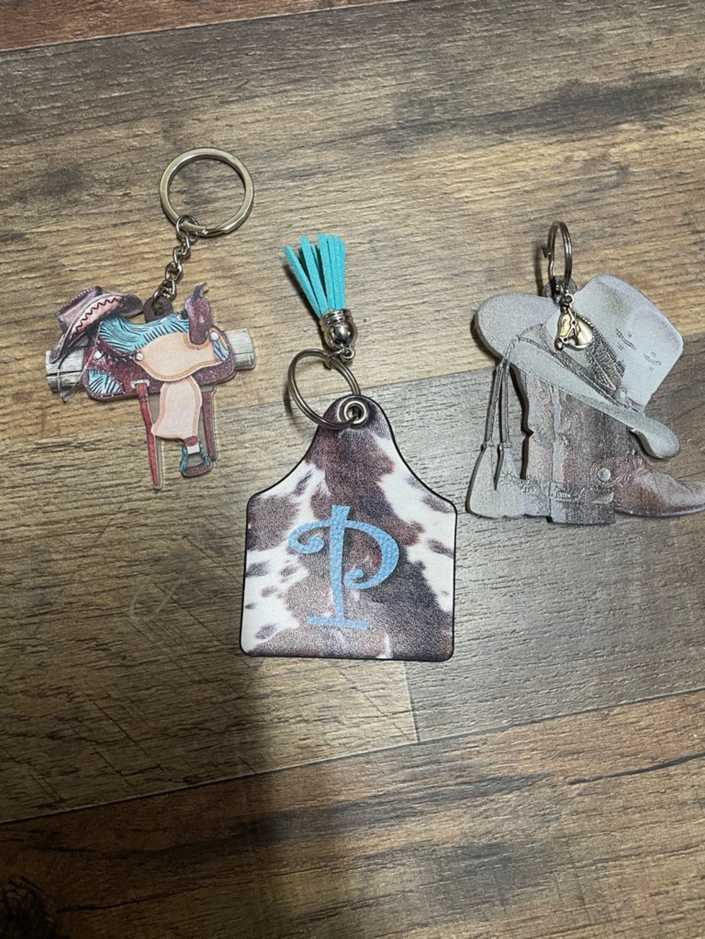 Cowhide Initial 'P' Keychain with Turquoise Tassel